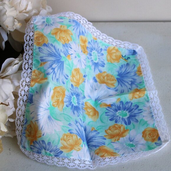 Vintage 1980s Handkerchief, Cotton Floral Print, Monogrammed JS, Blue and Yellow - Picture 1 of 10